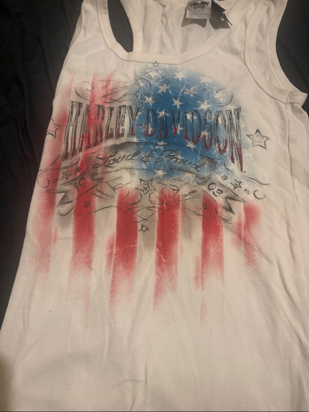 Harley-Davidson White Tank with Red & Blue Flag Graphic